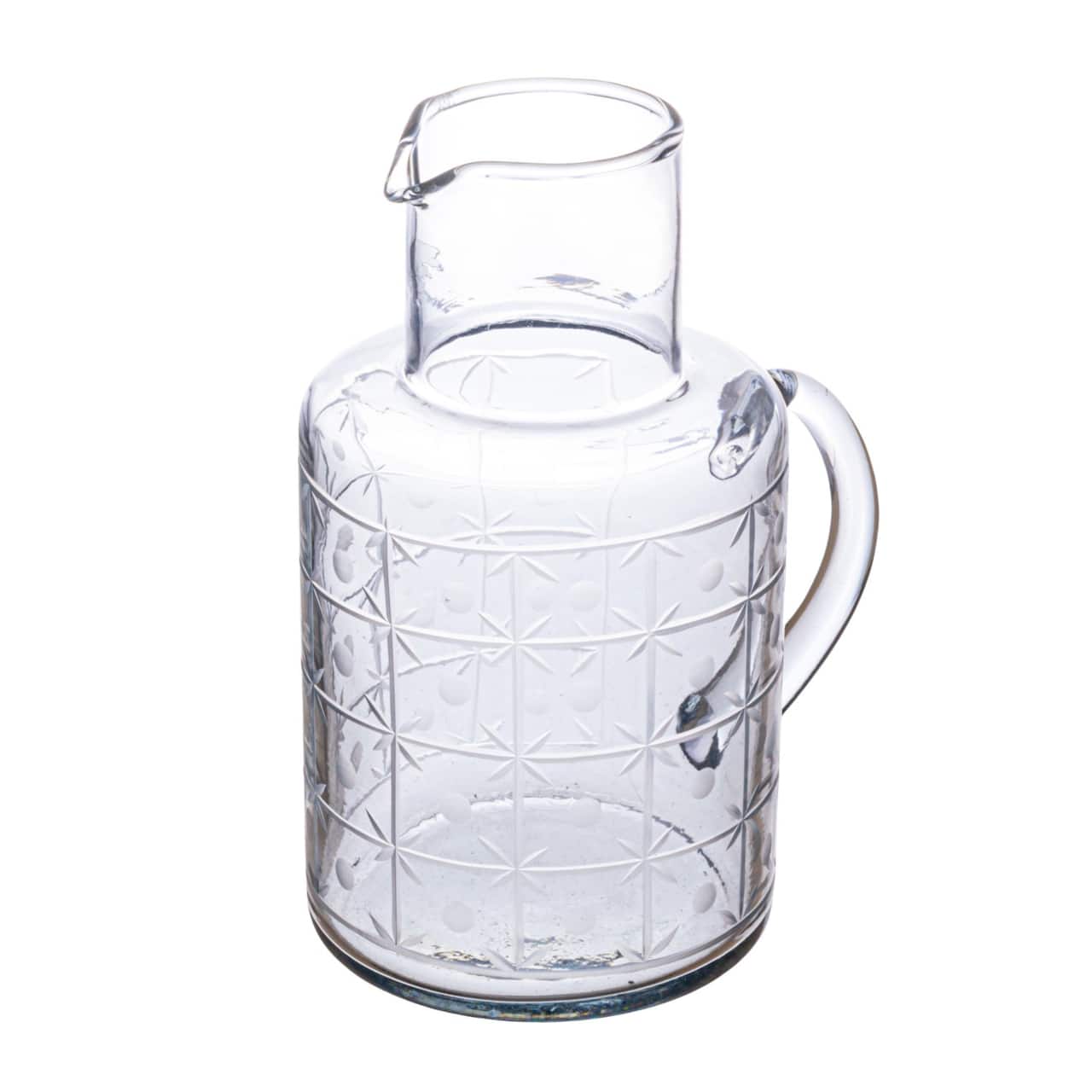 Hello Honey® 32oz. Clear Hand-Blown Etched Reclaimed Glass Pitcher with Tall Neck & Handle